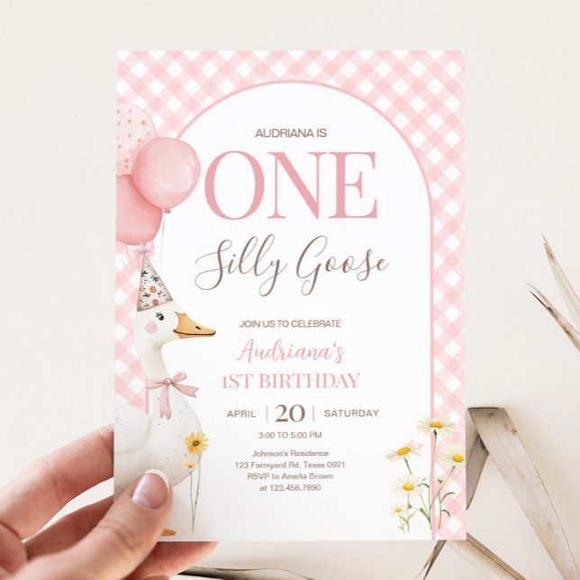 Gingham Fånig Goose Födelsedagsfest Inbjudningar (Pink Gingham Silly Goose Birthday Party Invitation)