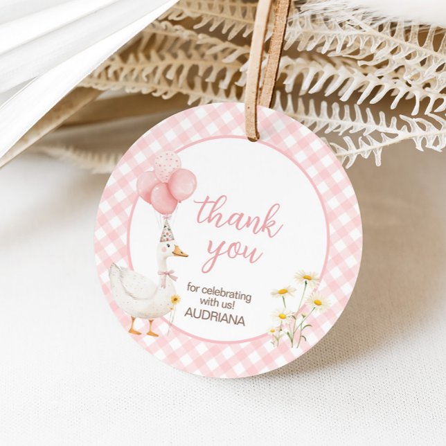 Gingham Fånig Goose Födelsedagsfest Round Gåvor Etiketter (Pink Gingham Silly Goose Birthday Party Round Favor Tags)