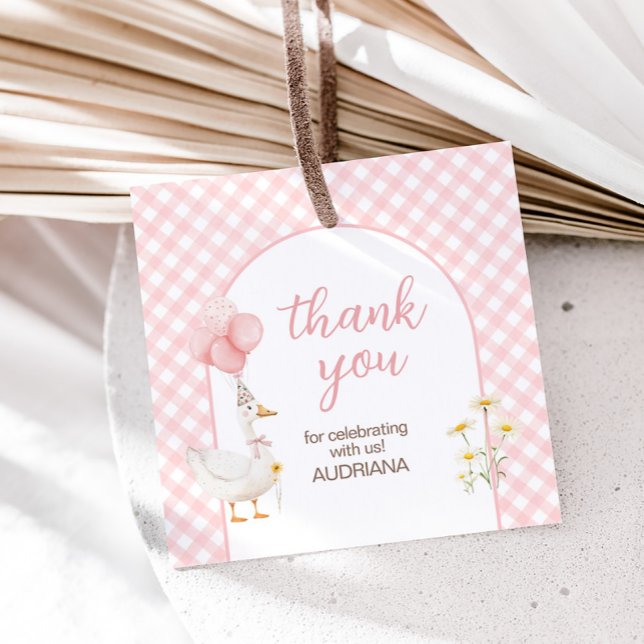 Gingham Fånig Goose Födelsedagsfest Square Gåvor Etiketter (Pink Gingham Silly Goose Birthday Party Square Favor Tags)