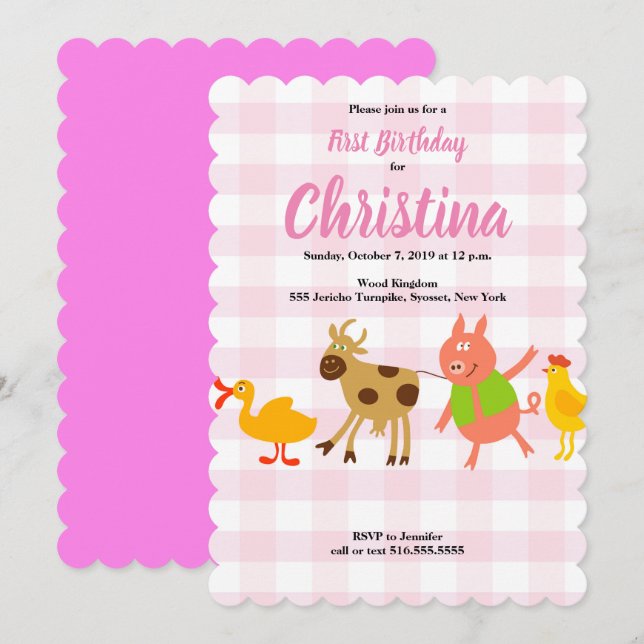 Gingham Farm Animal Baby Första födelsedagsinbjuda Inbjudningar (Fram/baksida)