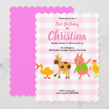 Gingham Farm Animal Baby Första födelsedagsinbjuda