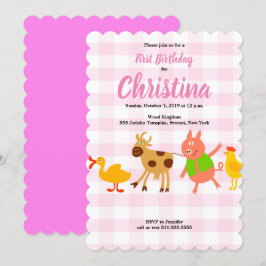 Gingham Farm Animal Baby Första födelsedagsinbjuda Inbjudningar