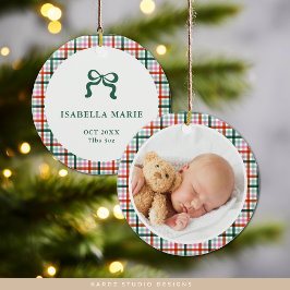 Gingham First Christmas Birth Stats Baby Photo Julgransprydnad Keramik