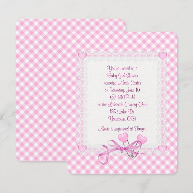 Gingham Flicka Inbjudningar (Fram/baksida)