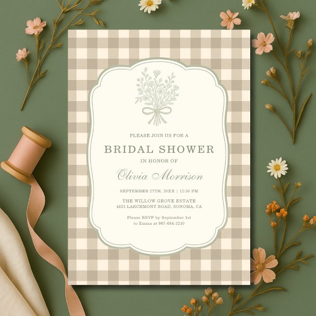 Gingham Floral Bow Beige Ivory Bridal Shower Inbjudningar (Skapare uppladdad)