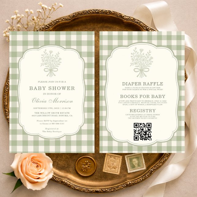 Gingham Floral Bow QR Code All in One Baby Shower Inbjudningar (Skapare uppladdad)
