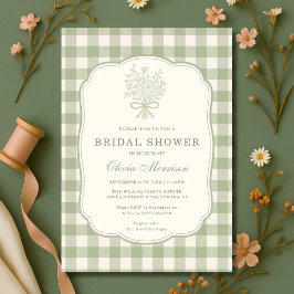 Gingham Floral Bow Sage Green Bridal Shower Inbjudningar