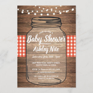 Gingham för lantlig burk för baby showerparty Wood Inbjudningar