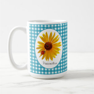 Gingham för nyckelpigasolrosturkos med namn kaffemugg