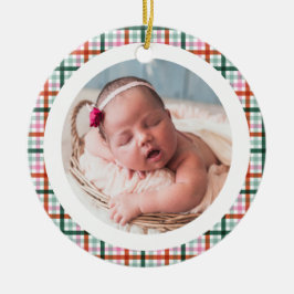 Gingham Första julen Födelse statistik Baby Foto Julgransprydnad Keramik