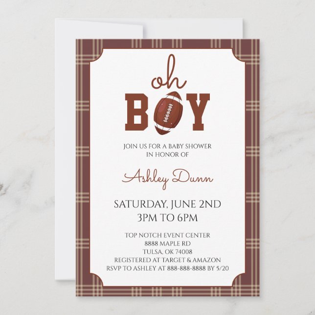 Gingham Fotboll Baby Shower Inbjudningar (Framsida)