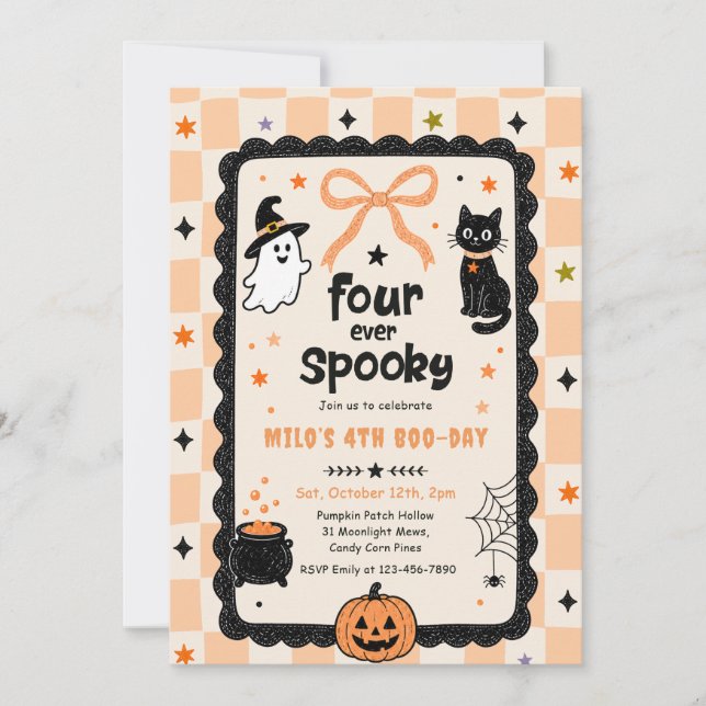 Gingham Four Ever Kuslig Halloween Födelsedag Inbjudningar (Framsida)