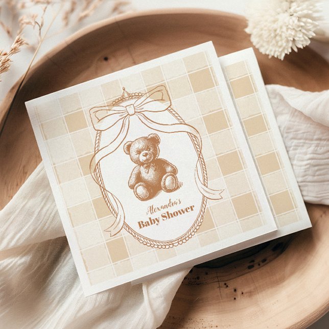 Gingham Fransk Nalle Baby Shower Pappersservett (Skapare uppladdad)