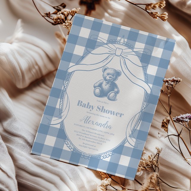 Gingham Fransk Teddybjörn Baby Shower Inbjudningar (Skapare uppladdad)