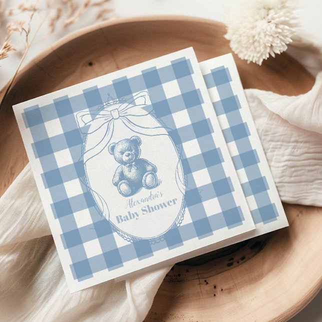 Gingham Fransk Teddybjörn Baby Shower Pappersservett (Skapare uppladdad)