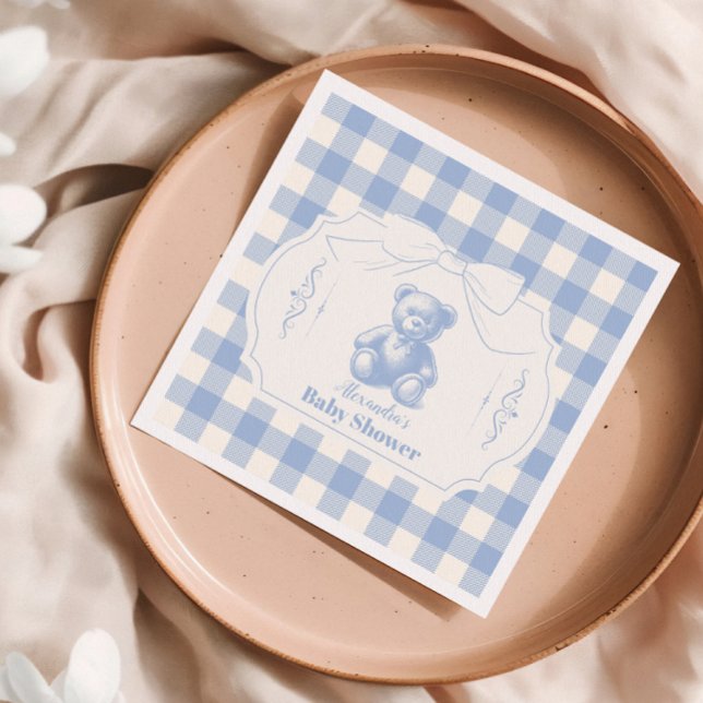 Gingham Fransk Teddybjörn Baby Shower Pappersservett (Skapare uppladdad)