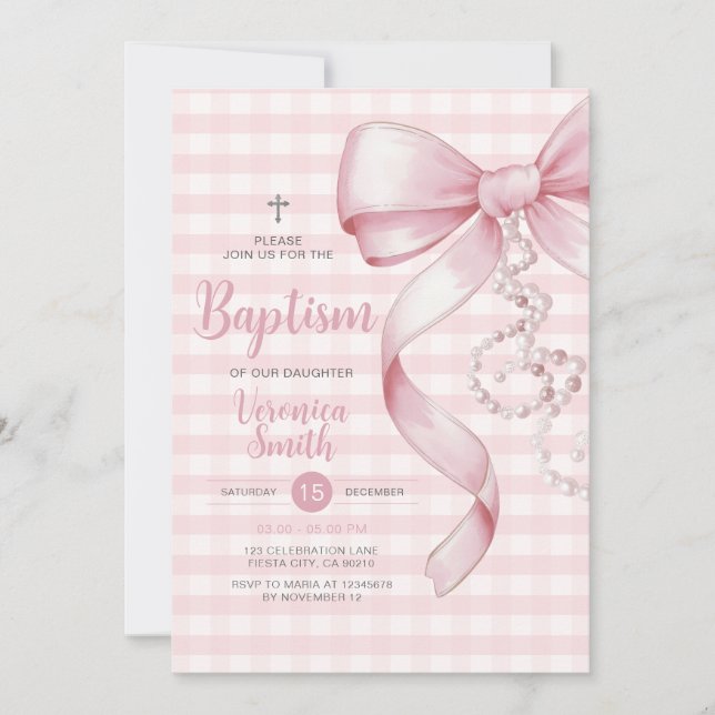 Gingham Girl Baptism Rosa Bow Pearl Kor Inbjudningar (Framsida)