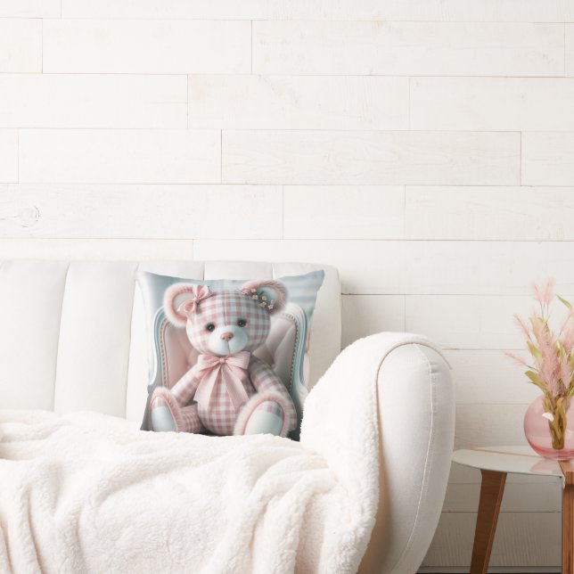 Gingham Girly Nalle på en ordförande Kudde (Soffa)