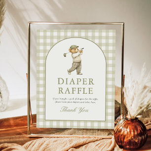 Gingham Golf Pojke Baby Shower Blöja Lotteri Skylt
