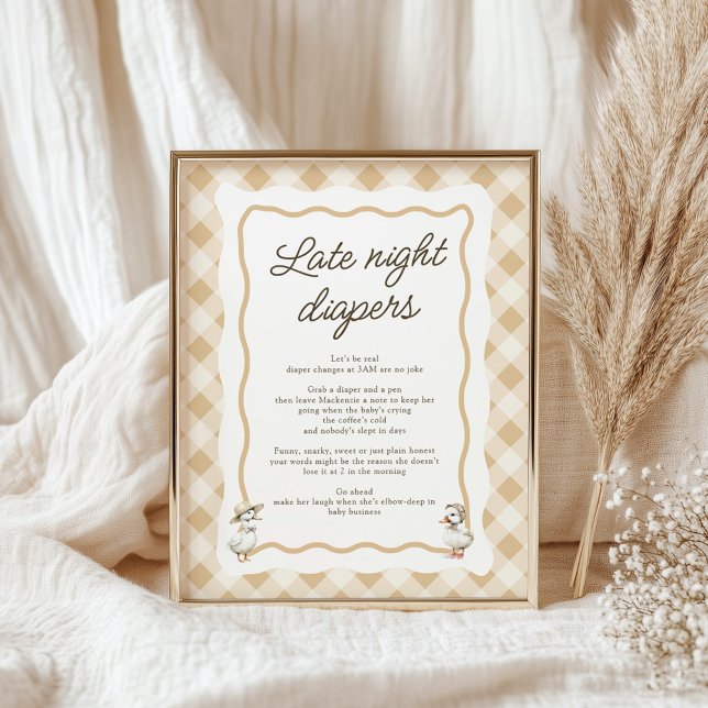 Gingham Goose Baby Shower Late Night Diaper Sign Poster (Gingham Goose Baby shower sign Late night diapers)