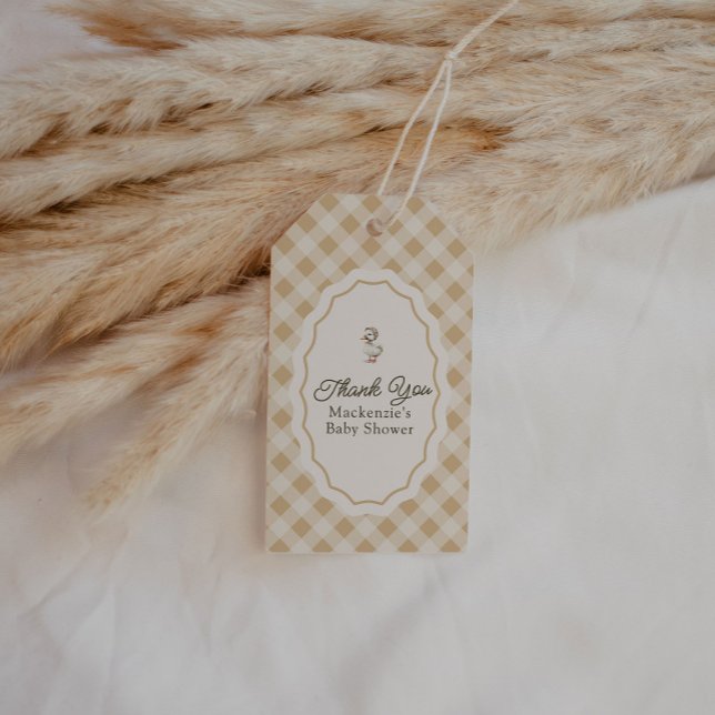 Gingham Goose Baby Shower Tacksida för tackgåva Presentetikett (Gingham Goose Baby Shower thank you favor tag)