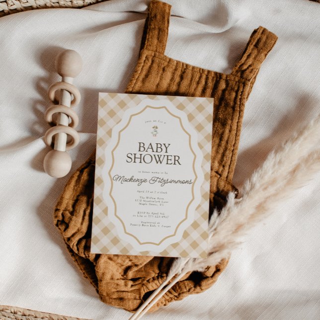 Gingham Goose Gender Neutral Baby Shower Inbjudan (Gingham Goose Baby Shower invite)