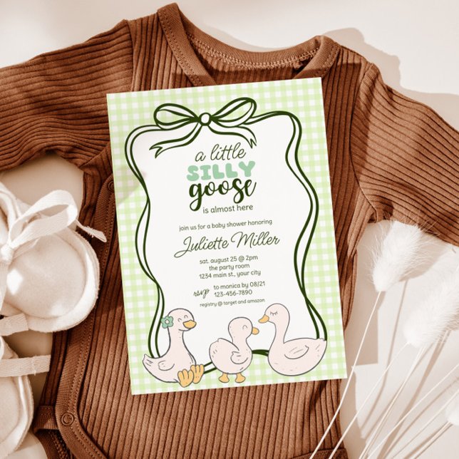 Gingham Goose Gender Neutral Baby Shower Inbjudningar (Goose Gender Neutral Gingham Baby Shower Invite)