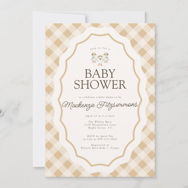 Gingham Goose Triplet Baby Shower-inbjudan Inbjudningar (Framsida)