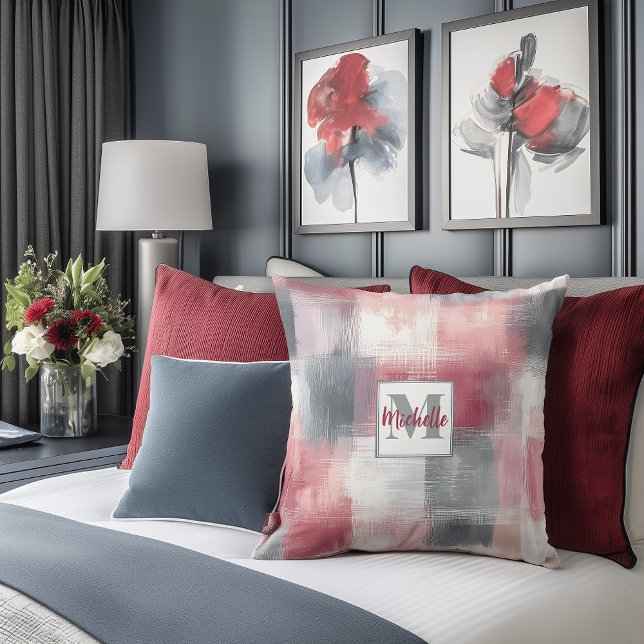 Gingham Grace Rosa & Grått Monogram Accent Pillow Kudde (Skapare uppladdad)