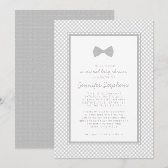 Gingham grått bow tie virtuell babydusch inbjudningar (Fram/baksida)