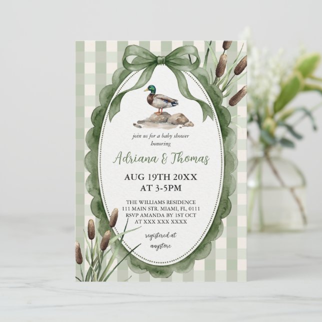 Gingham Grön Mallard Anka Baby Shower  Inbjudningar (Stående Fram)