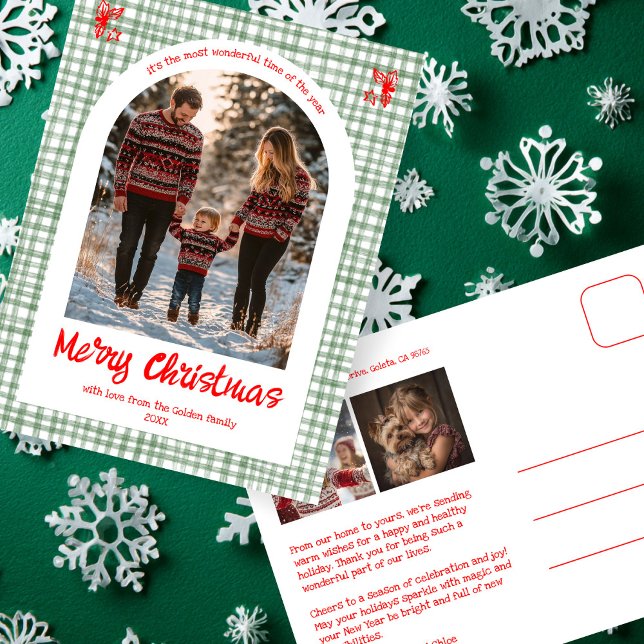 Gingham Grön Röd Jul Anpassad Båge 3 Foto  Helg Vykort (Gingham Green Red Christmas Custom Arch 3 Photo Holiday Postcard
)