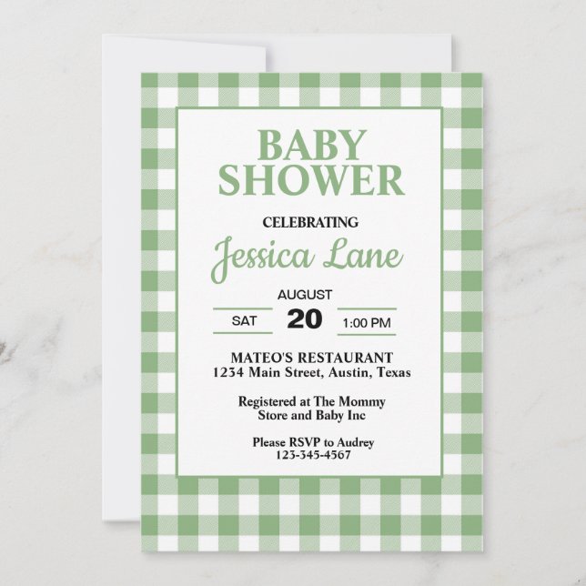 Gingham Grön Rutig Baby Shower Inbjudan (Framsida)