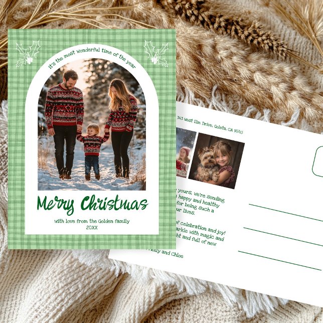 Gingham Grönt jul Anpassningsbar Arch 3 Photo Helg Vykort (Gingham Green Christmas Custom Arch 3 Photo Holiday Postcard
)