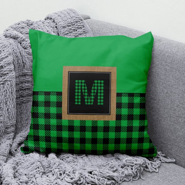 Gingham Grönt och Black Buffalo Play Monogram Kudde (Monogram Green and Black Buffalo Check Pillow)