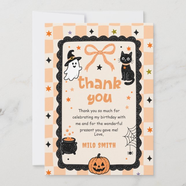 Gingham Halloween födelsedag tackkort (Framsida)