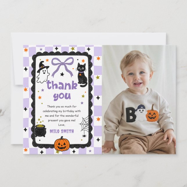 Gingham Halloween födelsedag tackkort (Framsida)