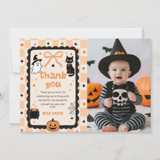 Gingham Halloween födelsedagsfoto tackkort
