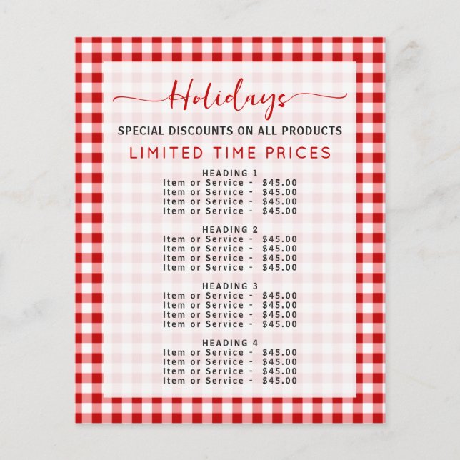 Gingham Holiday Special Jul Prislista Meny (Framsidan)