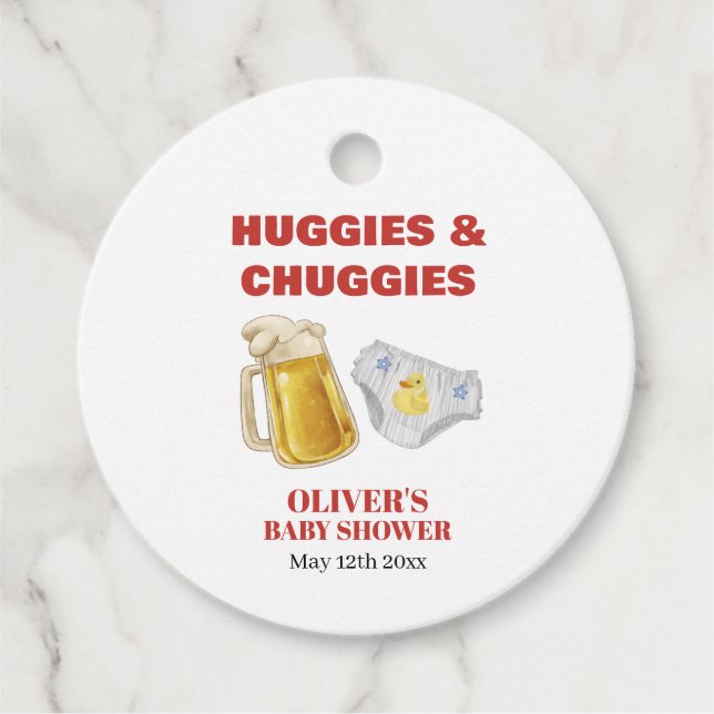 Gingham Huggies Chuggies Beer Diaper Baby Shower  Gåvor Etiketter (Framsida)