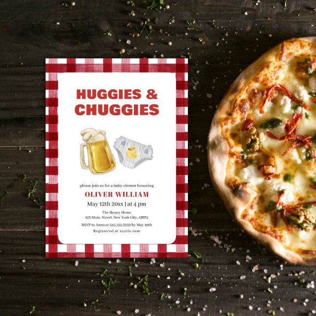 Gingham Huggies Chuggies Beer & Diaper Baby Shower Inbjudningar (Gingham Huggies Chuggies Beer & Diaper Baby Shower Invitation)
