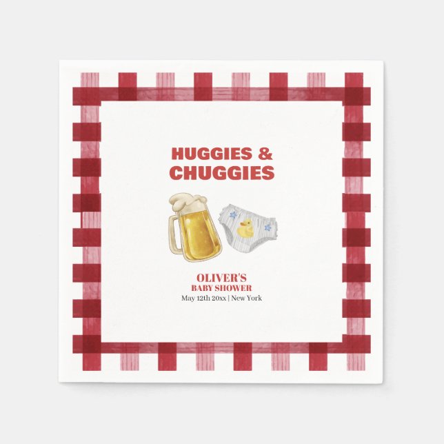 Gingham Huggies Chuggies Beer Diaper Baby Shower  Pappersservett (Framsidan)