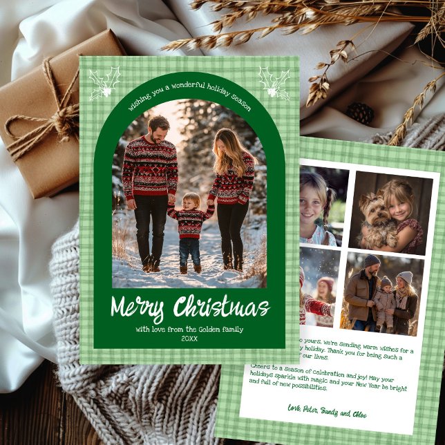 Gingham Jul Grönt Anpassningsbar Arch 5 Photo Julkort (Gingham Christmas Green Custom Arch 5 Photo Holiday Card
)