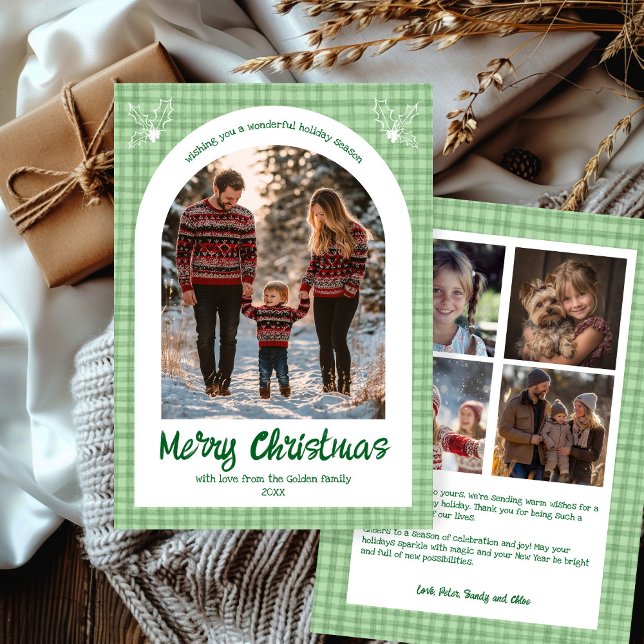 Gingham Jul Grönt Anpassningsbar Arch 5 Photo Julkort (Gingham Christmas Green Custom Arch 5 Photo Holiday Card
)