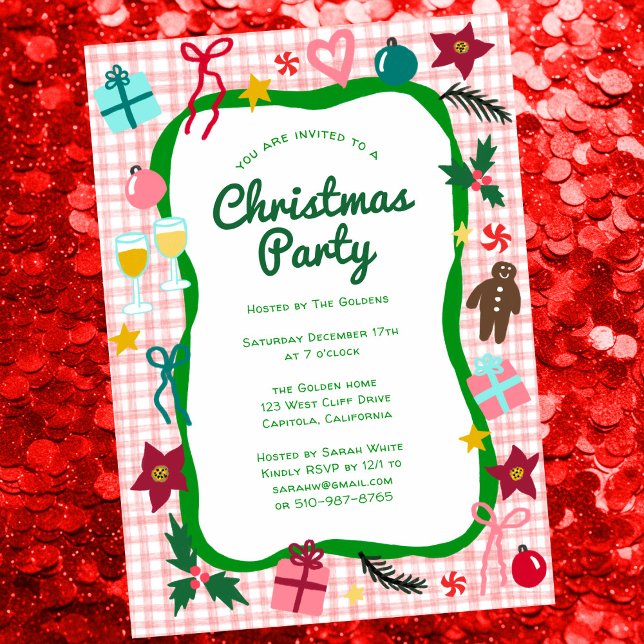 Gingham jul Quirky Whimsical ANPASSNINGSBAR Party Inbjudningar (Gingham Christmas Quirky Whimsical Doodle CUSTOM Holiday Party Invitation
)