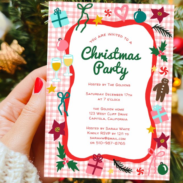Gingham jul Quirky Whimsical ANPASSNINGSBAR Party Inbjudningar (Gingham Christmas Quirky Whimsical CUSTOM Holiday Party Invitation
)