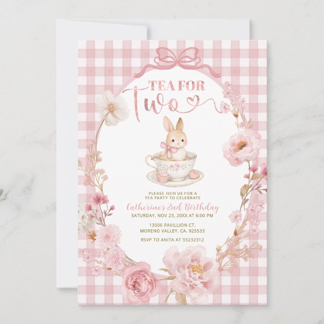Gingham Kanin Födelsedagsfirande med Tekopp Rosa S Inbjudningar (Framsida)