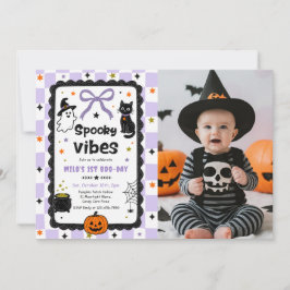 Gingham Kusliga Halloween Födelsedagsfoto Inbjudningar