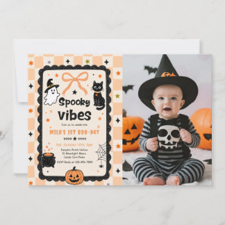 Gingham Kusliga Halloween Födelsedagsfoto Inbjudningar