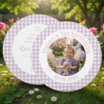 Gingham Lavendel 1-års födelsedags fotoinbjudan